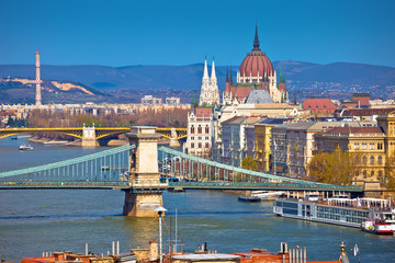 Budapest Danube river waterfront Chain bridge and Parliament building panoramic view