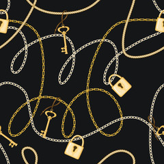 Seamless Pattern With Golden Chains, Keys and Locks. Vector Illustration. Fashion Print