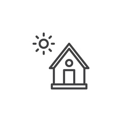 House and sun line icon. linear style sign for mobile concept and web design. Home and sun shining outline vector icon. Summer recreation symbol, logo illustration. Pixel perfect vector graphics