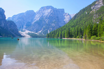 Braies lake nature , landscape with mountains and forest 