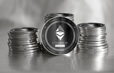 Ethereum Classic (ETC) digital crypto currency. Stack of black and silver coins. Cyber money. - 260032696