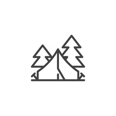 Camping tent in forest line icon. linear style sign for mobile concept and web design. Tourist tent and trees outline vector icon. Recreation symbol, logo illustration. Pixel perfect vector graphics