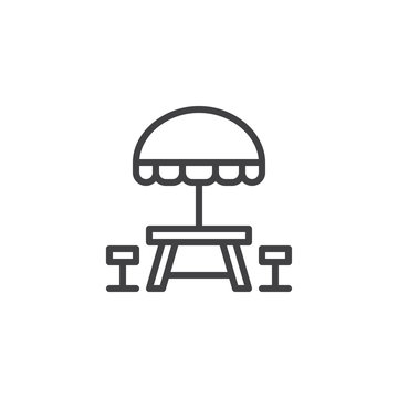 recommend clip art: Camping Table and Bench line icon. Terrace cafe linear style sign for mobile concept and web design. Umbrella with Table and chair outline vector icon. Symbol, logo illustration. Pixel perfect vector