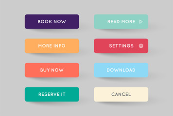 Vector Set of Modern Flat App or Game Buttons. Trendy flat colors with shadows.