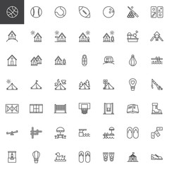Recreation line icons set. linear style symbols collection, outline signs pack. vector graphics. Set includes icons as sport balls, camping house, caravan car, forest, swimming pool, summer vacation
