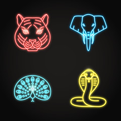 India icons set in glowing neon style