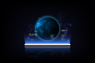 tablet showing a growing virtual hologram of statistics, graph . and Money transfer. Global Currency. Stock Exchange. International currency transfer, payment via smartphone.  Vector illustration