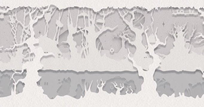 Seamless animated landscape as paper cut light box, looped animation with cardboard parallax background