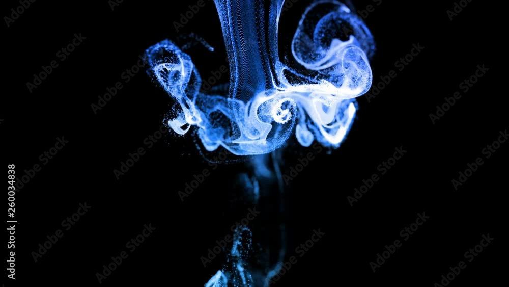 Poster 4k glow particles move in a stream of liquid in front of the camera in slow motion. 3d ink effect fo