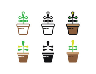 Set floral plants and blooming cactus in pots isolated with line, flat and glyph icon styles on white background. vector illustration