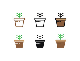 Set floral plants and blooming cactus in pots isolated with line, flat and glyph icon styles on white background. vector illustration