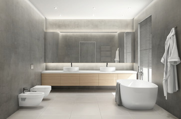 Fototapeta na wymiar 3d rendering of a modern grey concrete bathroom