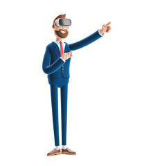3d illustration. Businessman Billy using virtual reality glasses and touching vr interface.