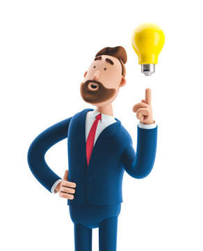 3d illustration. Businessman Billy with yellow bulb. Innovation and inspiration concept.