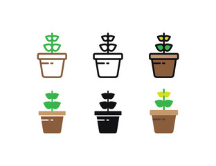 Set floral plants and blooming cactus in pots isolated with line, flat and glyph icon styles on white background. vector illustration