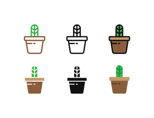 Set floral plants and blooming cactus in pots isolated with line, flat and glyph icon styles on white background. vector illustration