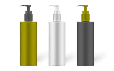 Cosmetic bottle with dispenser set, realistic mockup. Beauty product white, black and olive color package isolated on white background, vector template