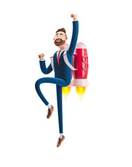 3d illustration. Businessman Billy flying on a rocket Jetpack up. Concept of  business startup, launching of a new company.