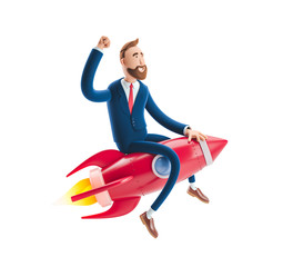 3d illustration. Businessman Billy flying on a rocket up. Concept of  business startup, launching of a new company.