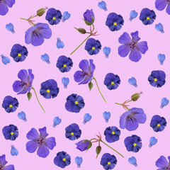 Pink seamless pattern with flax flowers