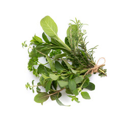 Spice herbal leaves and chili pepper on white background. Vegetables pattern. Floral and vegetables on white background. Top view, flat lay.