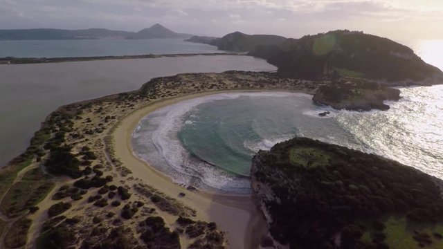 Flying above Voidokilia beach in Greece