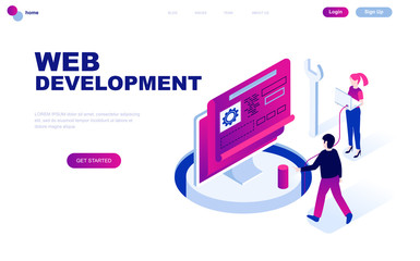 Modern flat design isometric concept of Web Development decorated people character for website and mobile website development. Isometric landing page template. Vector illustration.