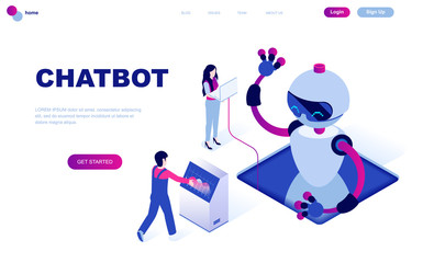 Modern flat design isometric concept of Chat Bot and Marketing decorated people character for website and mobile website development. Isometric landing page template. Vector illustration.