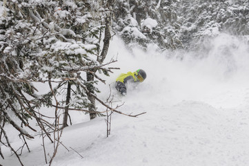 A snowboarder making a powder turn in deep snow on a forest meadow during a heavy snowfall