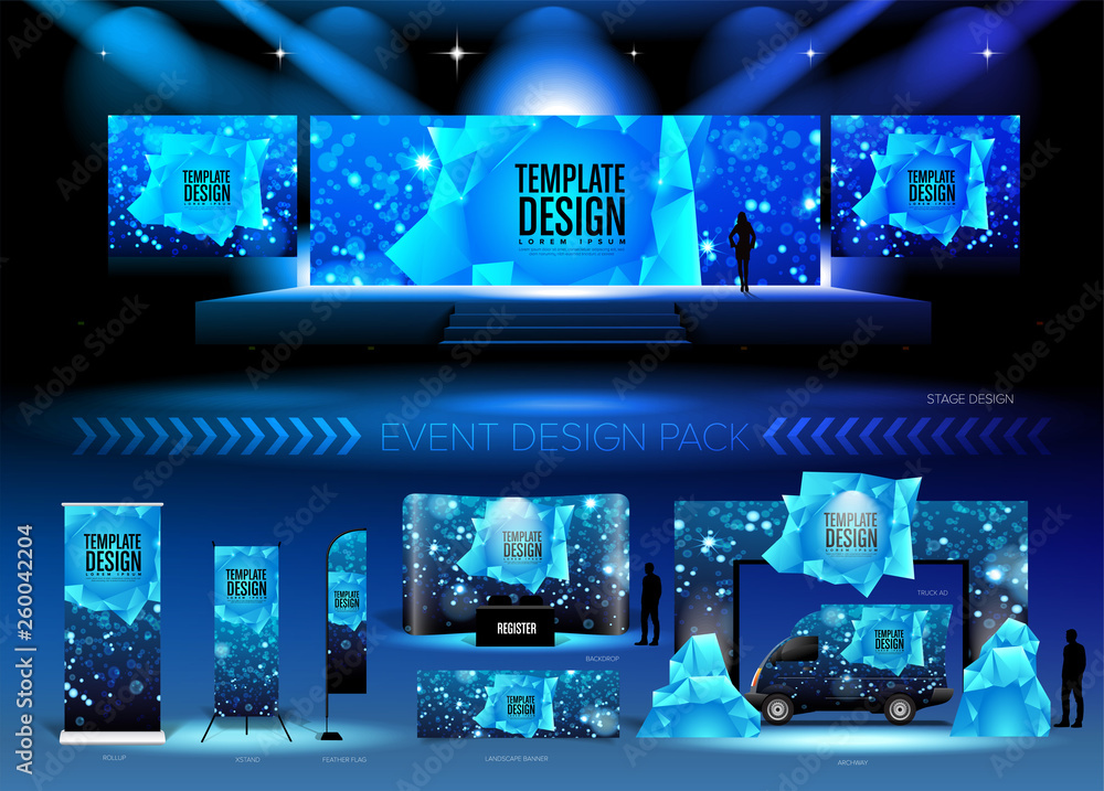 Poster a pack of 3d event design medias in vector format, with a sample of graphic template in rgb color. i