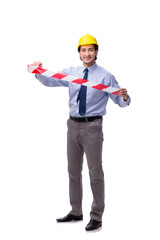 Young male architect isolated on white 