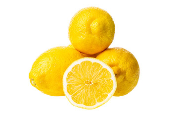 Yellow ripe lemons group isolated on white background.