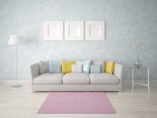 Mock up a perfect living room with a compact comfortable sofa and stylish decorative plaster.