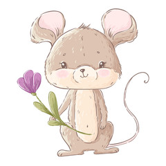 Cute hand drawn mouse with flowers