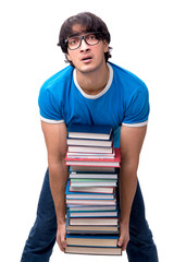 Male student with many books isolated on white