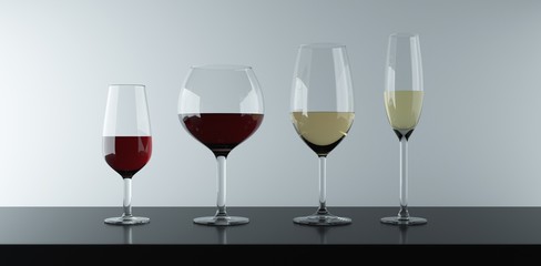 Various types of glasses to drink red wine, white and pink wine.