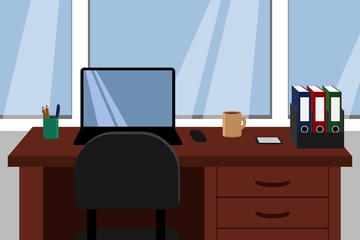 Office workplace. Desk opposite the window. Vector illustration.