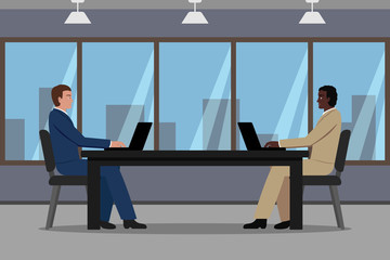 Caucasian and African American men sitting at conference table. Vector illustration.