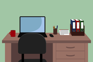 Home office. Table and laptop. Vector illustration.