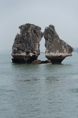 Kissing rock or Chicken rock at Halong bay northeast Vietnam is towering limestone islands topped by rainforests
