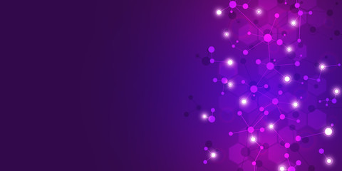 Abstract technology and innovation background with molecular structures and neural network. Molecules DNA and genetic engineering. Technical and scientific concept.