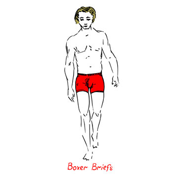 Portrait of sexy blonde guy in boxer briefs type of swimsuit with inscription, hand drawn outline doodle, sketch vector illustration