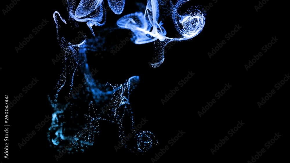 Poster 4k glow particles move in a stream of liquid in front of the camera in slow motion. 3d ink effect fo