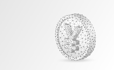 Japanese Yen. Golden Coin 3d illustration. Origami Polygonal Raster business, money, finance, cash, circle concept. Low poly wireframe, triangle, lines, dots, polygons. White background. RGB color