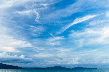 Blue sky with white clouds over the sea and mountains, wonderful landscape