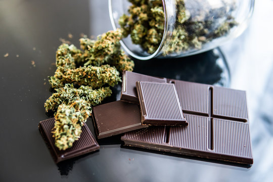 Chocolate with cannabis and buds of marijuana on the table. Concept of chocolate with cannabis herb CBD. Treatment of medical marijuana for use in food, black background.