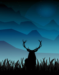 Animated rain deer in wild nature landscape at moon night. Night background with deer silhouette. Vector illustration