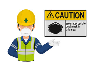 A worker with dust mask is presenting dust mask warming sign