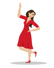 A woman in a red dress in a dance pose. Passionate dance. Isolated vector illustration.