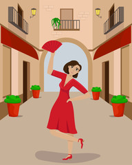 A woman in a red dress in a dance pose on a narrow European street. Passionate dance. Isolated vector illustration.
